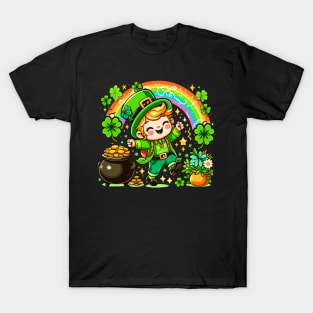 A cute Irish Lad dancing an Irish jig celebrates St Patrick's Day with a rainbow pot of gold and shamrocks Irish Pride Irish American four leaf clovers Irish dance T-Shirt